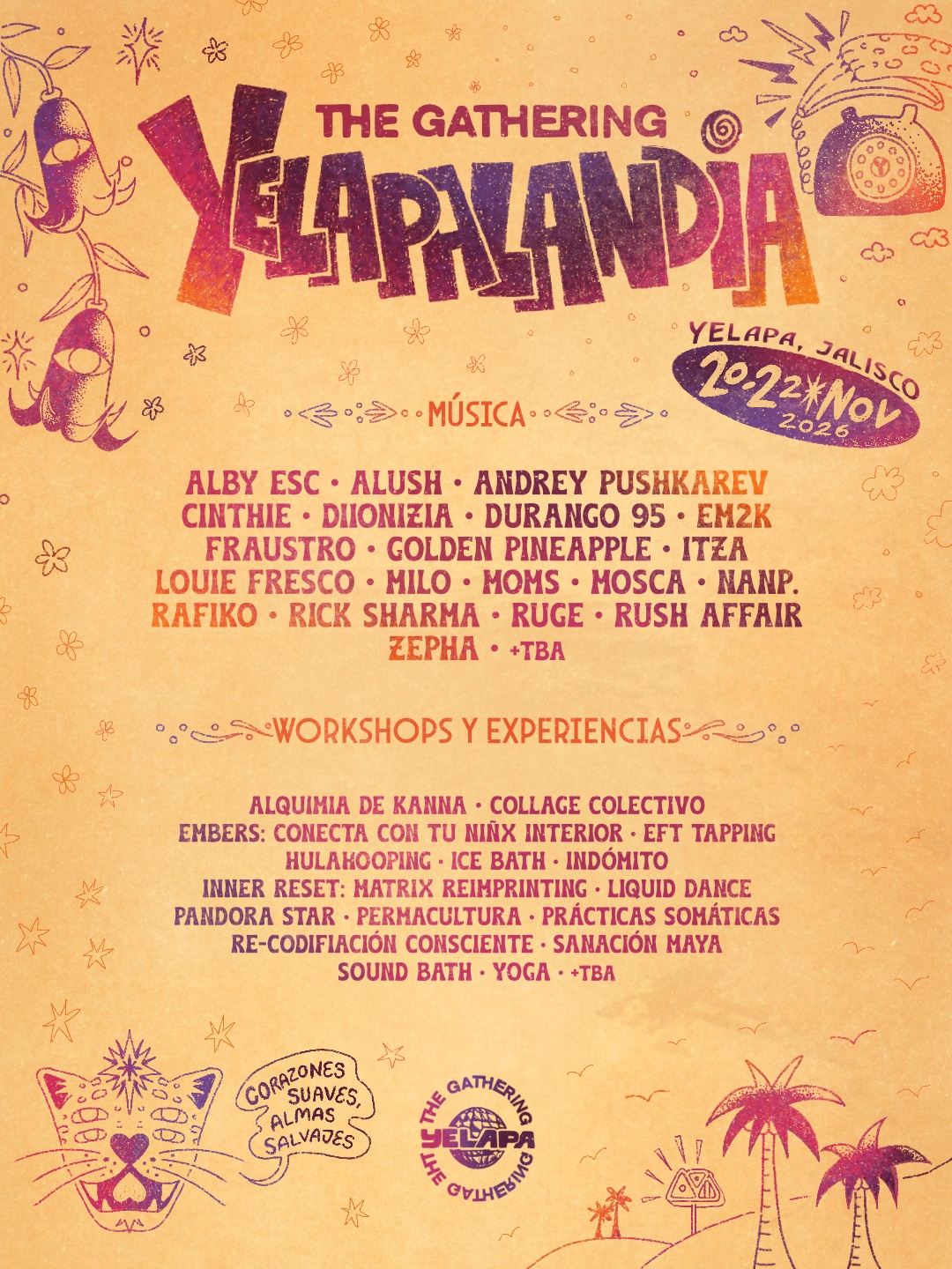 Cartel oficial de la primera fase del lineup de The Gathering Yelapa 2026, del 20 al 22 de noviembre en Yelapa, Jalisco.